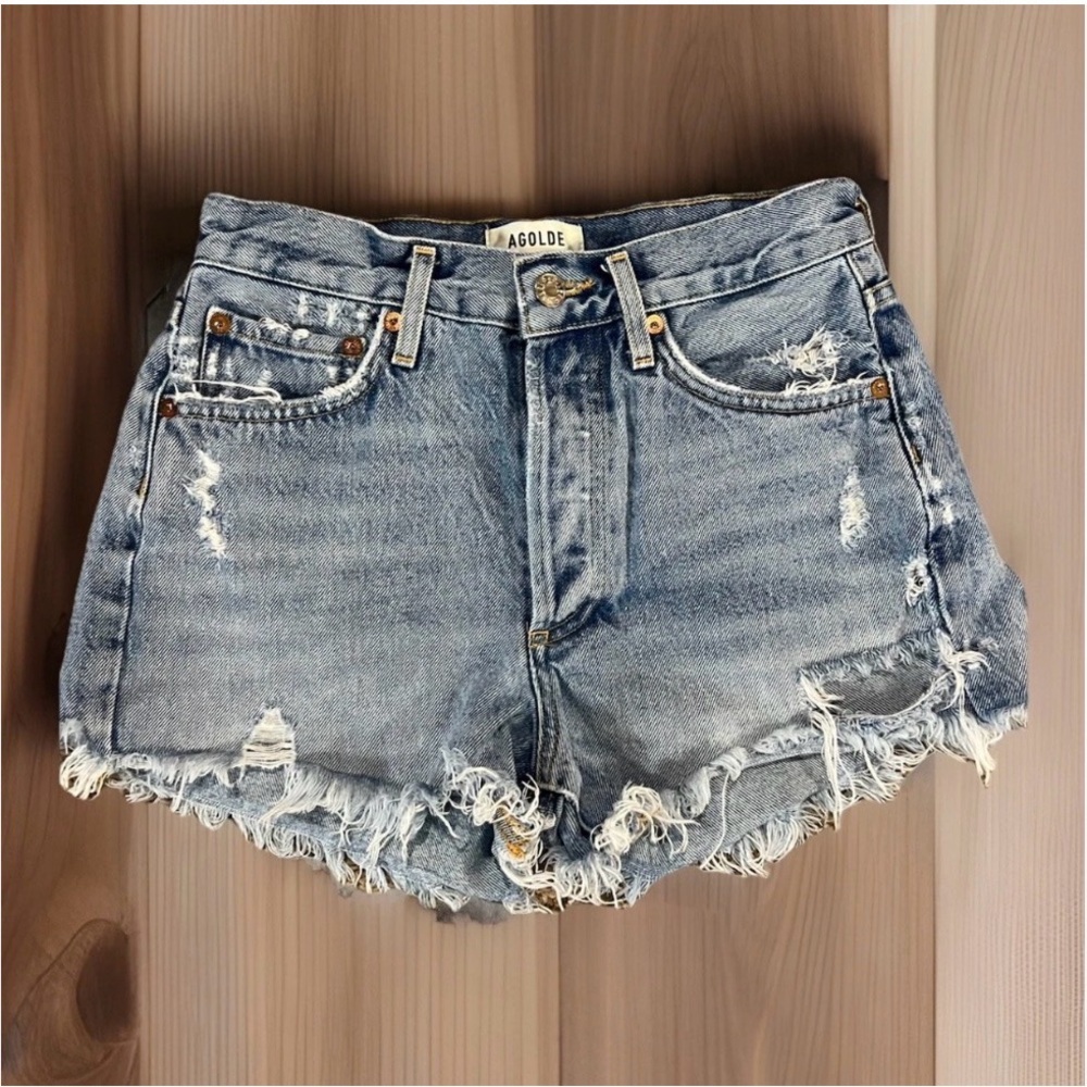 Agolde Parker Distressed Light Blue Jean Shorts